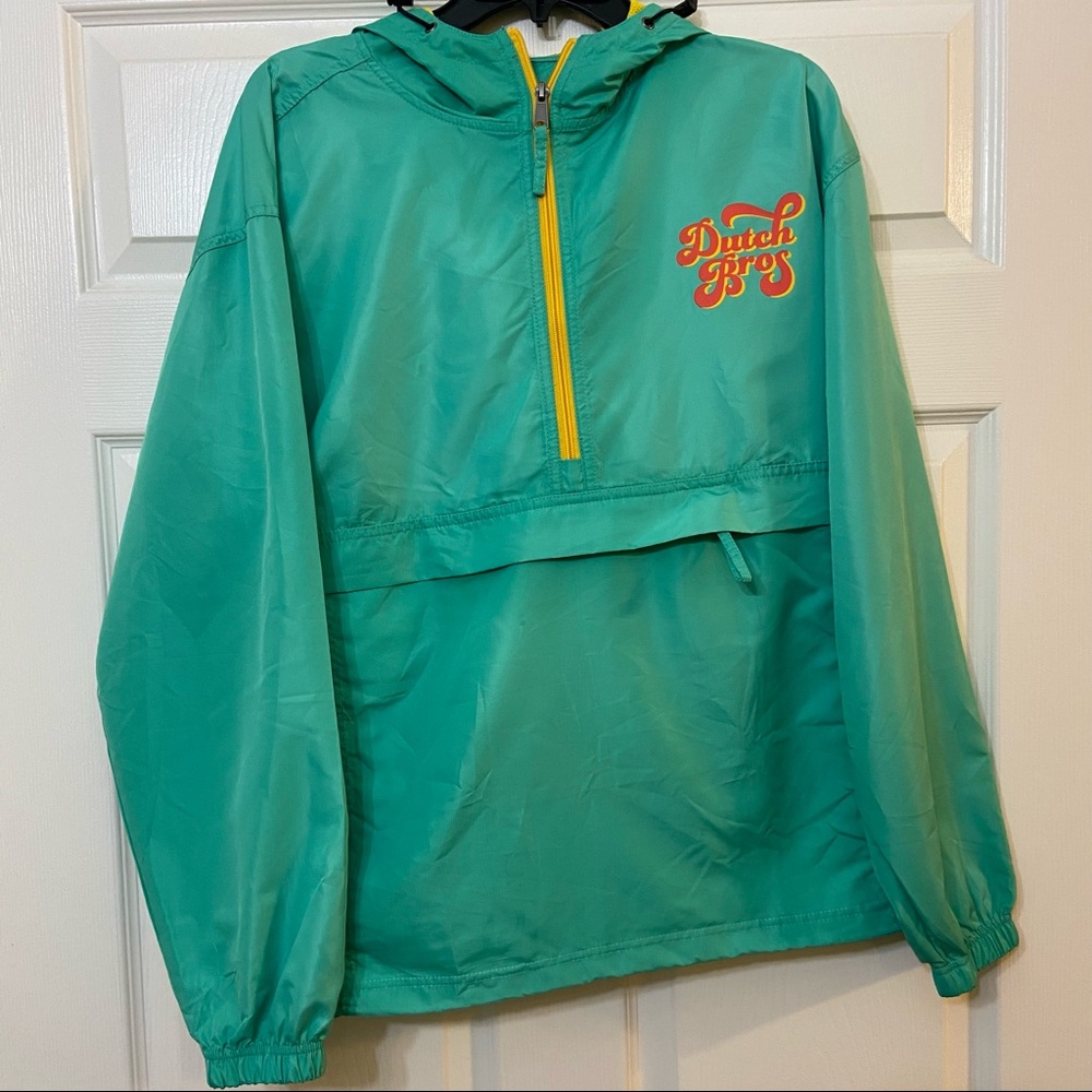 Super fun teal Dutch Bros windbreaker  (L) only worn a couple times